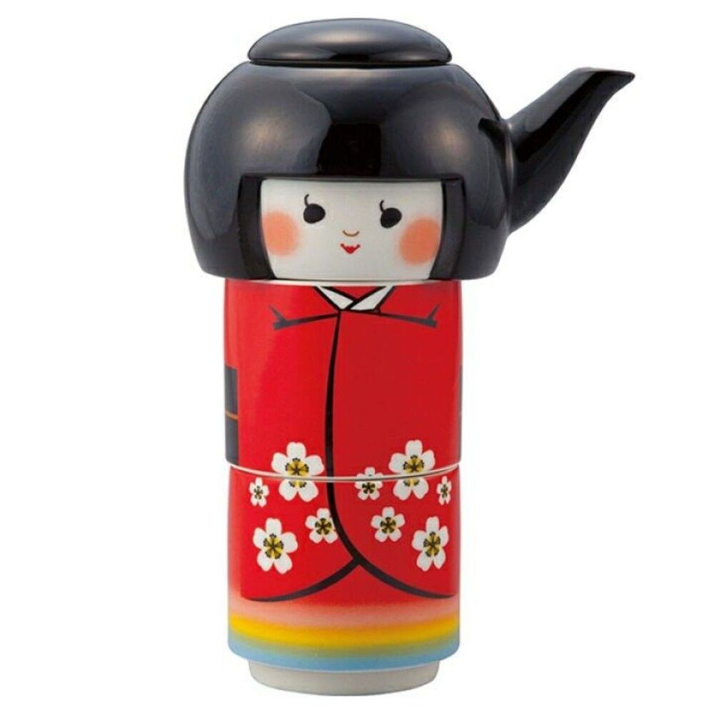 Japanese Kyusu Teapot Set Kokeshi Doll Floral Pattern Traditional Tea Pot Unused